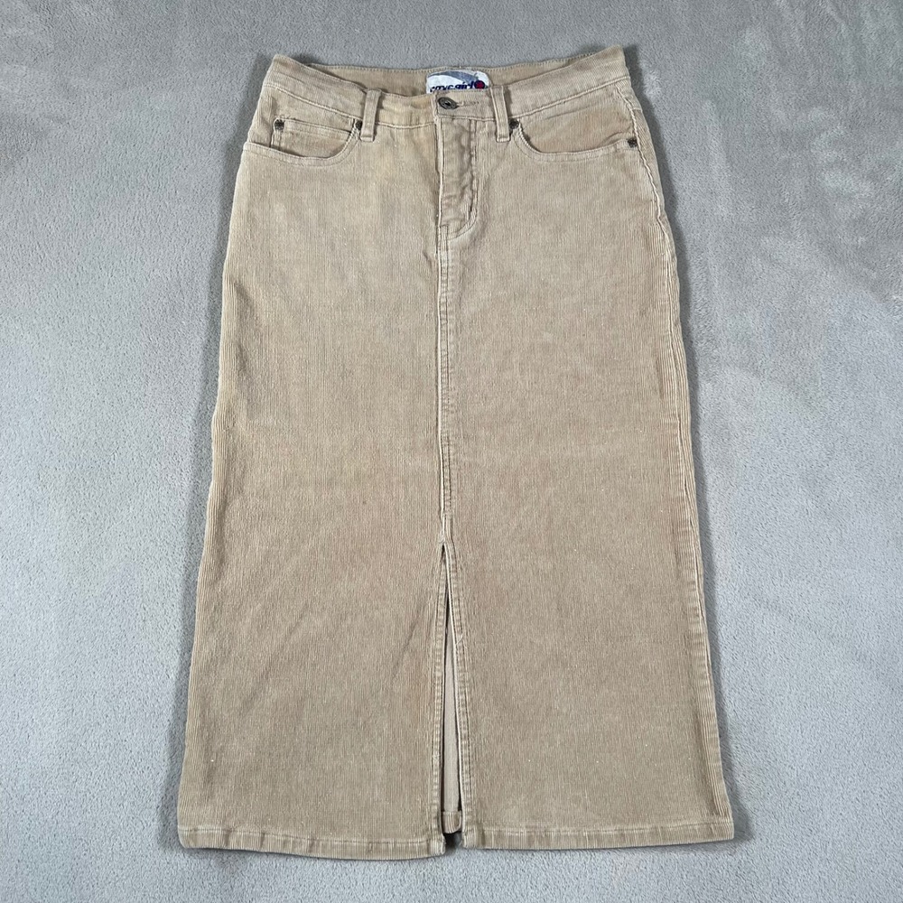 Rave Girl Maxi Skirt Women's Size 14 Tan Corduroy Khaki Front Slit Vintage Y2K